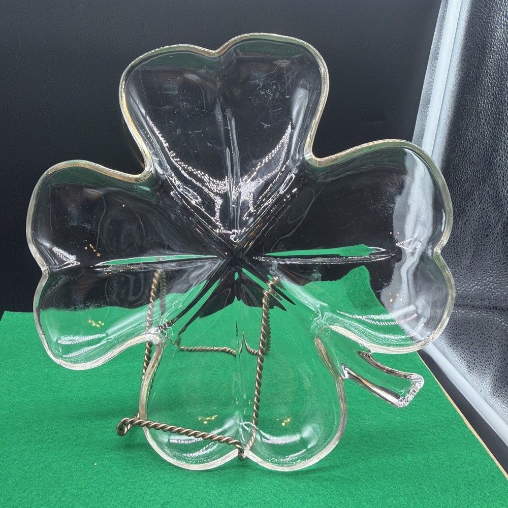 Jeannette Clear Glass w/ Gold Trim: 4-Leaf Clover Divided Relish Dish